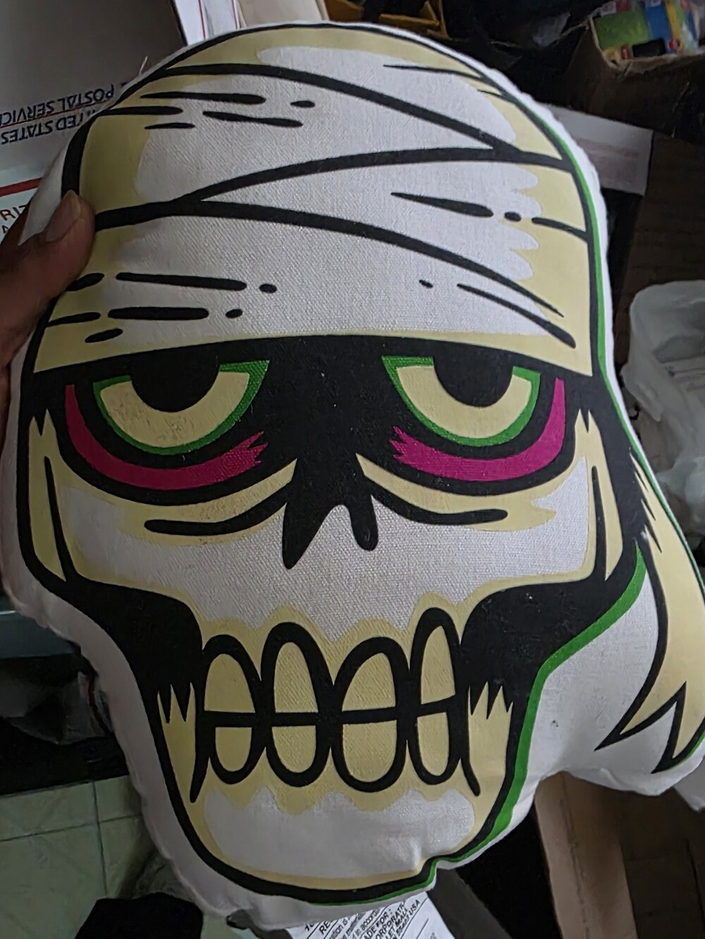 Graphic Skull Throw Pillow - White, Black & Green Accent